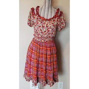 Artka Boho Floral Plaid Mixed Print Mini Dress Cold‎ Shoulder Smocked Red L*